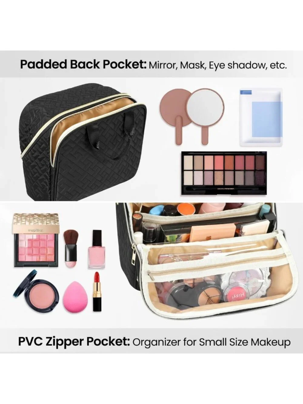 Large Capacity Makeup Bag with Brush Holder & Mirror - Waterproof Travel